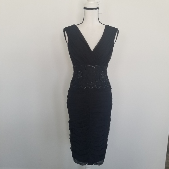 Tadashi Shoji Silk Chiffon Dress Pleated Beaded Size 2 black - Picture 2 of 8